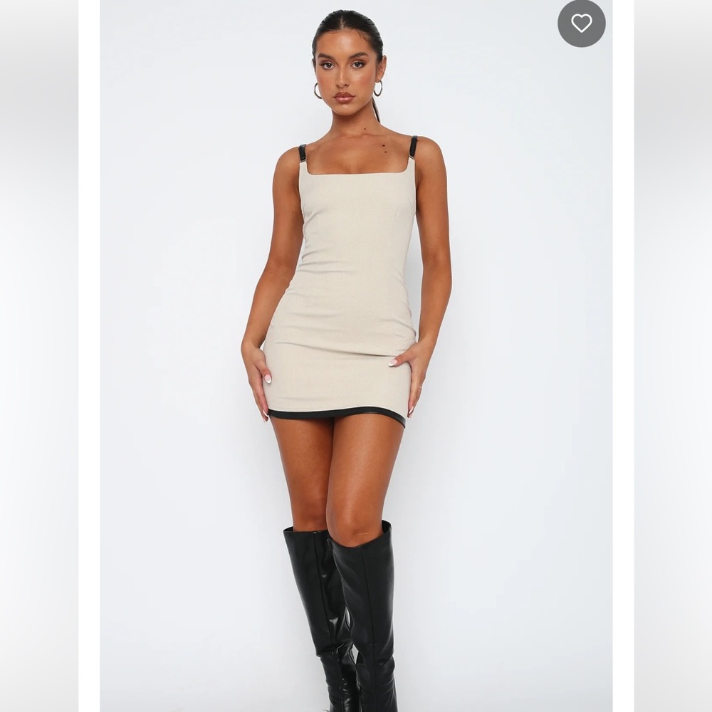WHITE FOX BOUTIQUE All I Ever Wanted Mini Dress Beige Oatmeal Black Straps